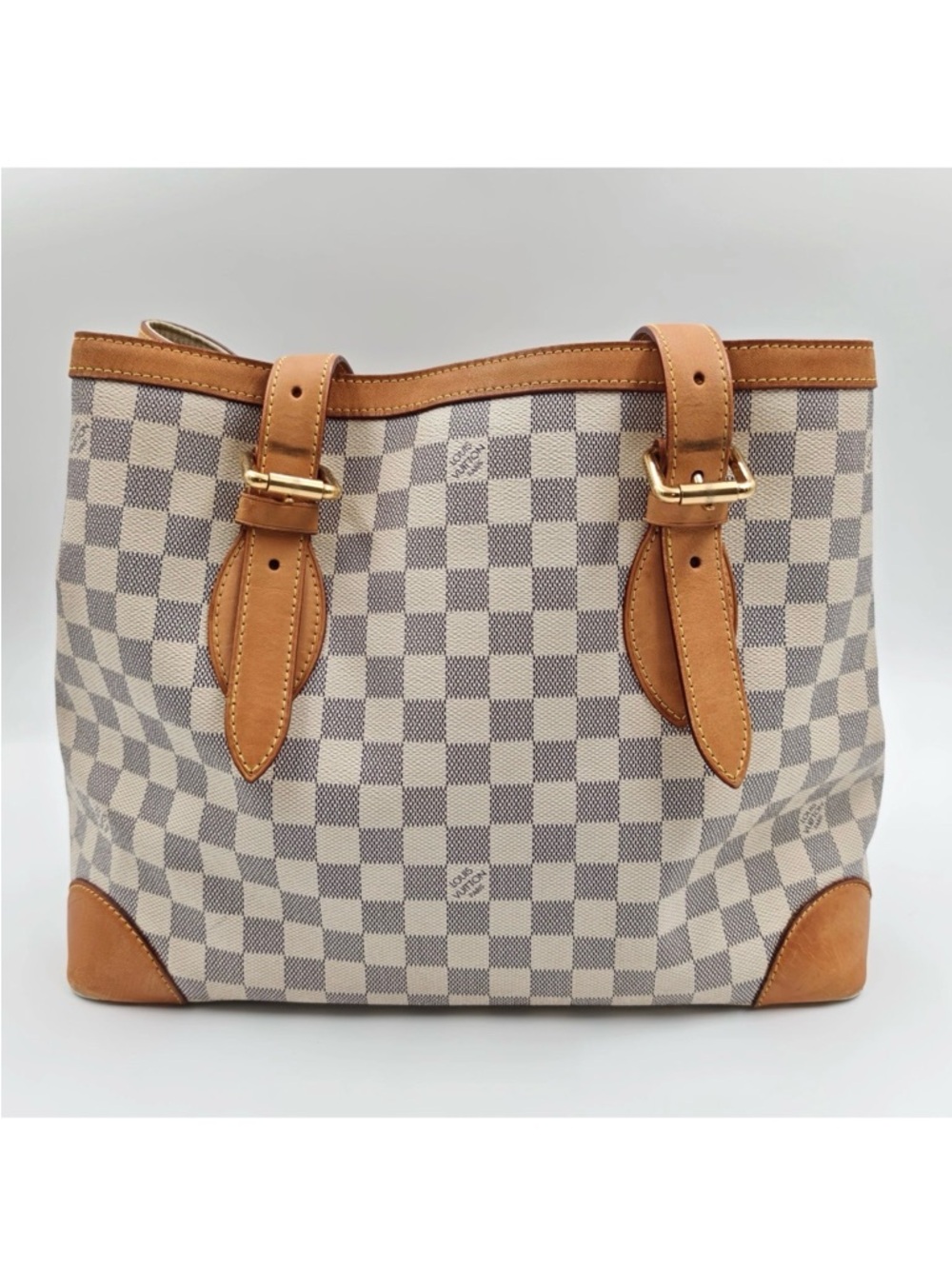Louis Vuitton Damier Azur Check Canvas Tote with Tan Leather & Gold Hardware - Picture 4 of 14